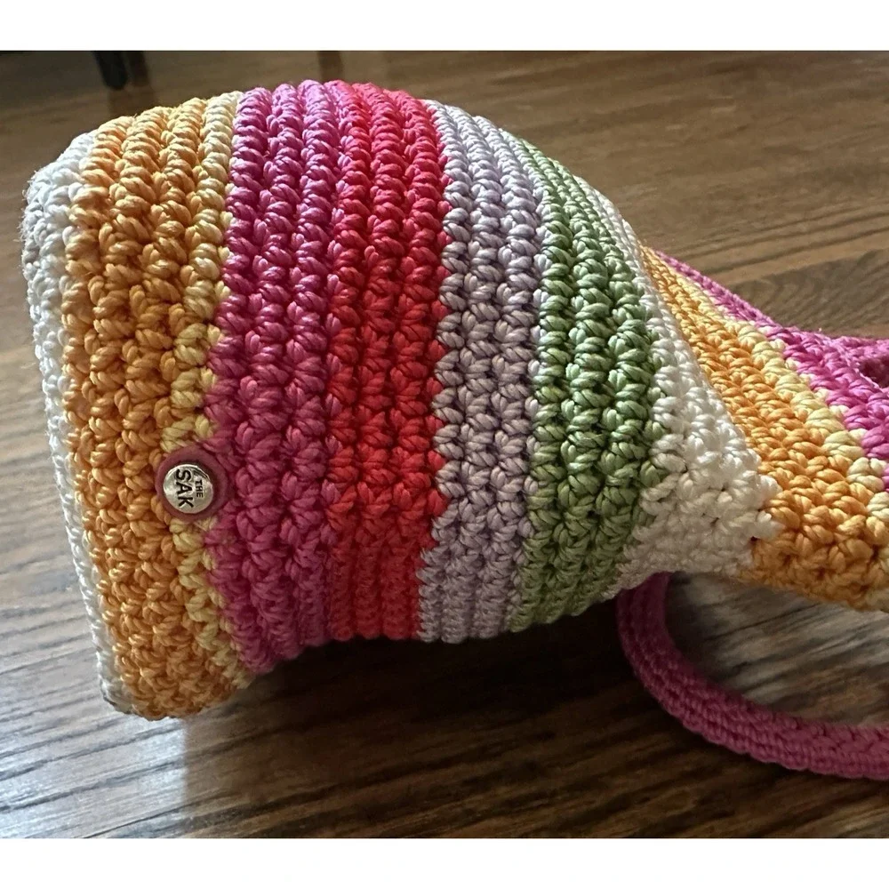 The Sak Indio Rainbow Stripe Crochet Purse Small Boho Retro Pink Y2K Bag